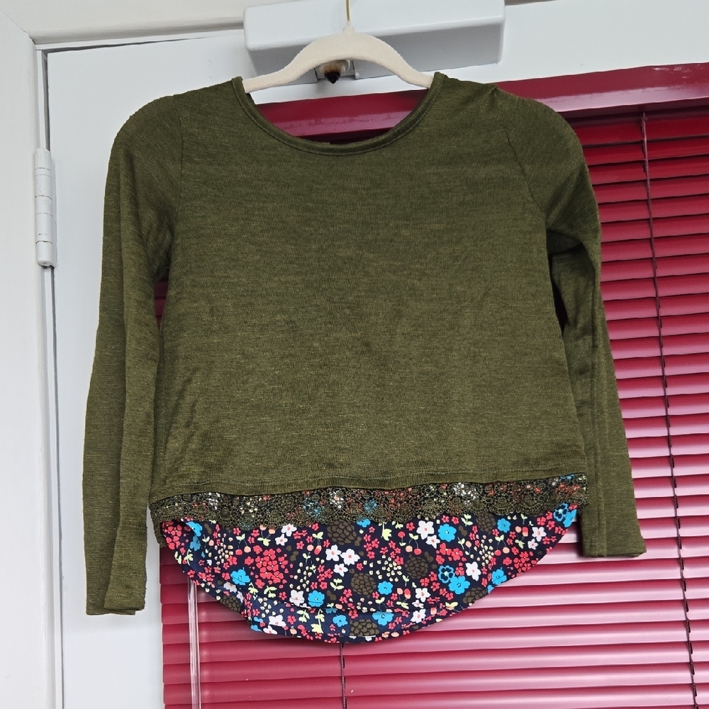 Olive Green Kids Long Sleeve Top with Floral Hem